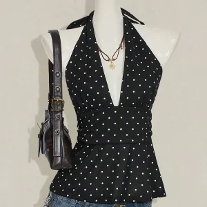 Women's casual, simple backless deep V-neck polka dot wrap top